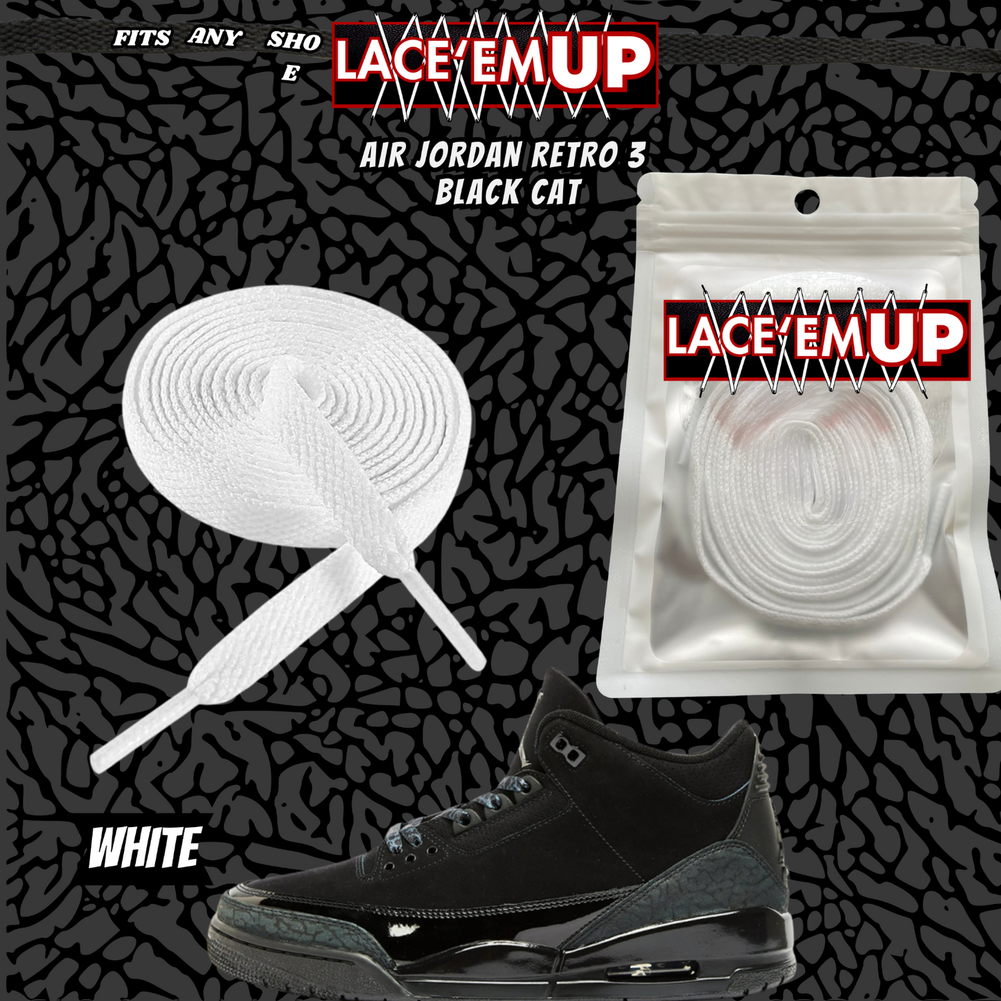 BLACK CAT Shoe Laces Spotted Splatter Cement replacement for jordan 3 black cats