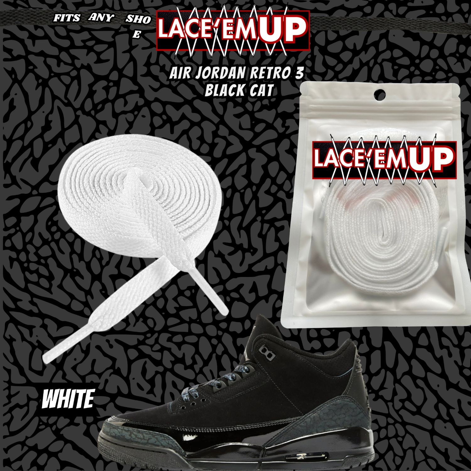 BLACK CAT Shoe Laces Spotted Splatter Cement replacement for jordan 3 black cats