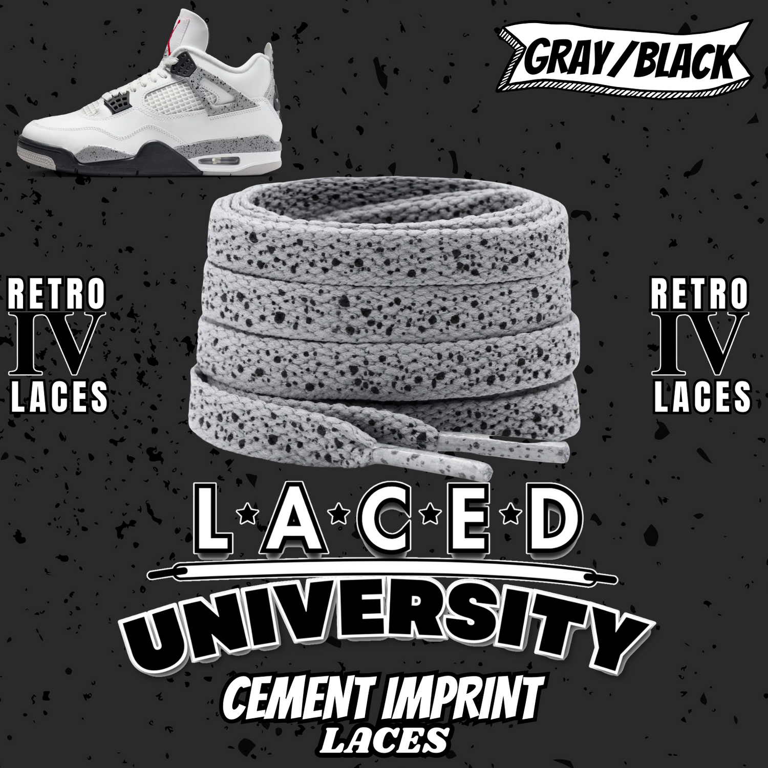 Retro 4 White Cement Laces Spotted Splatter Cement replacement-Retro 4 Shoe Lace
