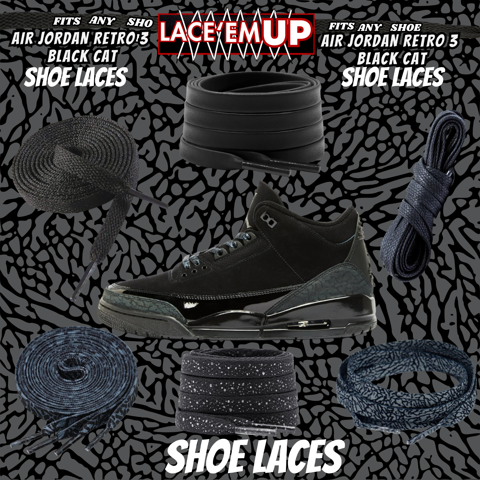 BLACK CAT Shoe Laces Spotted Splatter Cement replacement for jordan 3 black cats