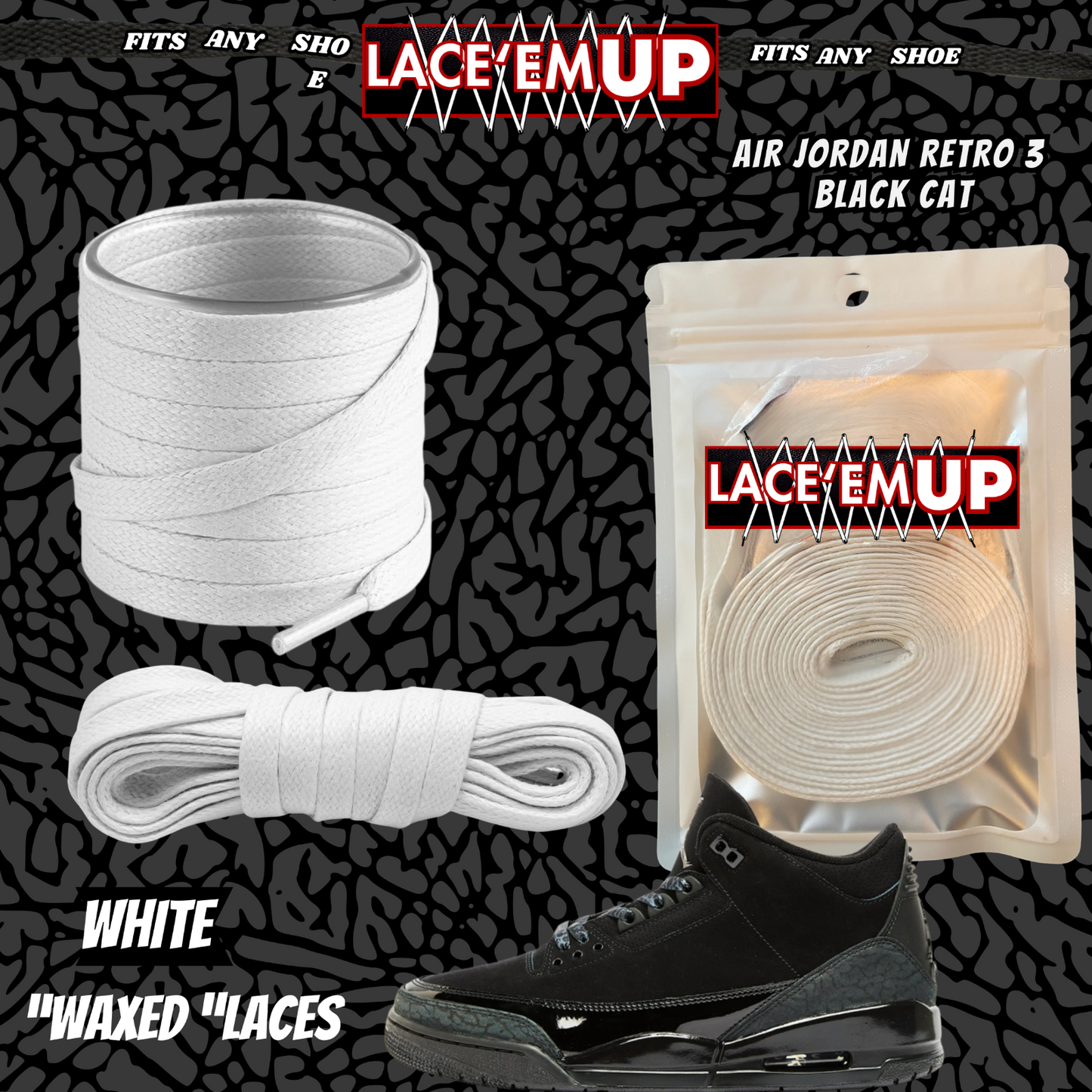 BLACK CAT Shoe Laces Spotted Splatter Cement replacement for jordan 3 black cats